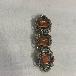 Vintage Style Amber Glass Bracelet Gold Tone Ornate Faux Pearl Accent 7”